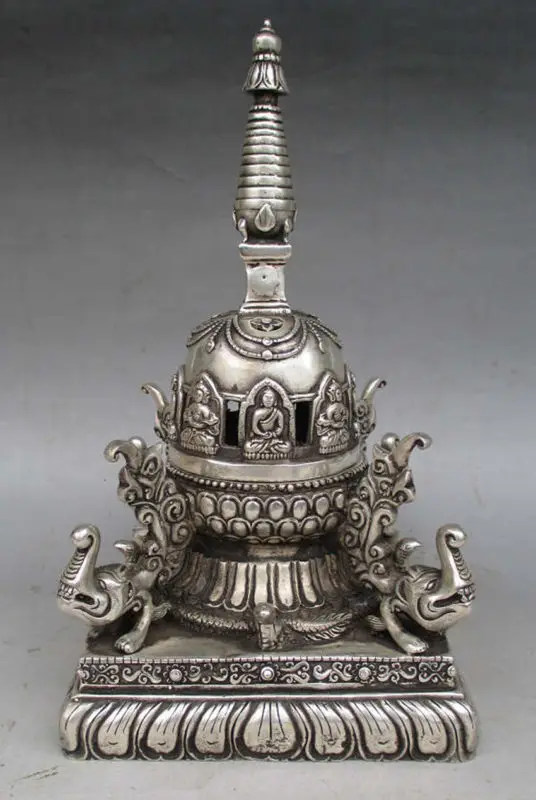 

9"Old Tibet Tibetan Silver Buddhas Elephant Pagoda Stupa Statue