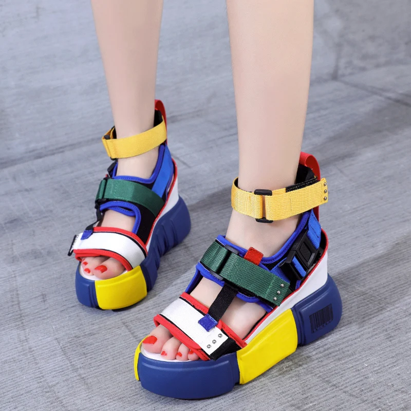 SWYIVY platform sandals for woman 2019 new blue wedge high heel chunky sandals shoes summer female casual shoes ankle hook loop SWYIVY platform sandals for woman 2019 new blue wedge high heel chunky sandals shoes summer female casual shoes ankle hook loop