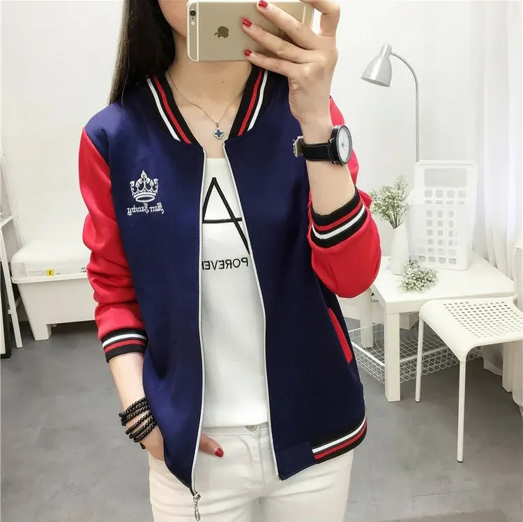 2019 Women's Patchwork Jacket Coat Female Basic Jackets Autumn Long Sleeve Baseball Jackets Plus Size Embroidery Chaquetas Mujer (2)
