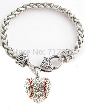 

50pcs a lot crystal heart Baseball pendant Lobster Claw Bracelet