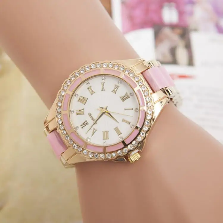 MINHIN Explosion женские кварцевые часы женские CZ бриллианты акриловые Стразы Позолоченные наручные часы-браслет подарок ювелирные изделия - Цвет: BSQ015W pink