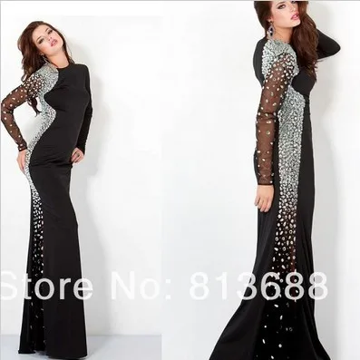 

free shipping robe de soiree 2016 vestidos de festa luxury crystal black long sleeve prom dress party evening elegant Dresses