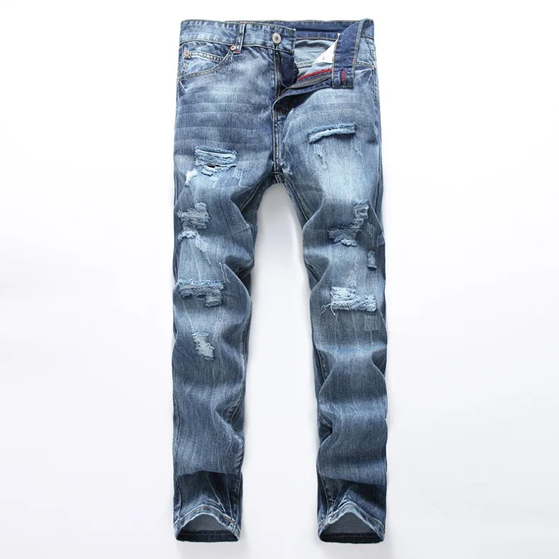 New Brand Men Jeans pantalon hombre Distressed Broken Jeans Man Denim Blue Stretch Slim Fit HipHop Fashion Desinger Casual Pants