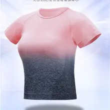 Градиент Цвет спортивные трикотажные Для Женщин Йога Топ Футболка для спортзала Фитнес рубашка топы Спортивная футболка тренировки Беговая футболка mujer