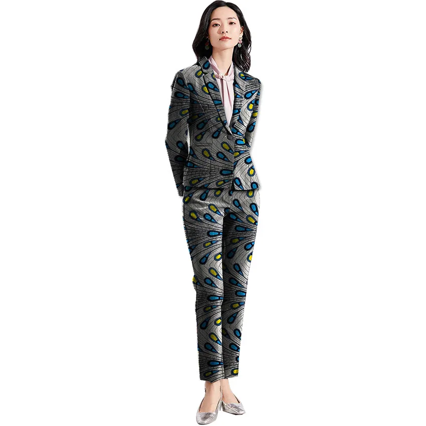 

Fashion African print pant suits for ladies blazer with trouser set clothing custom elegant women's dashiki suits