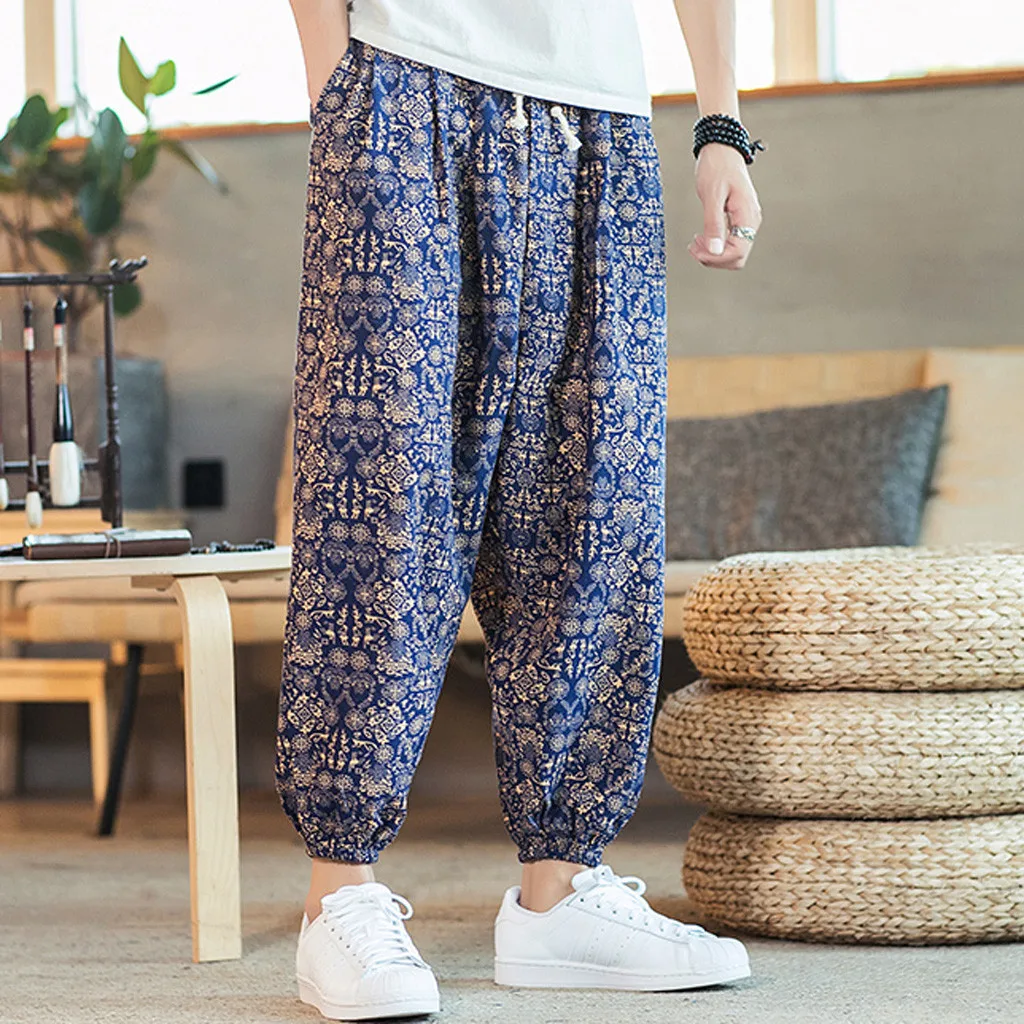 Мужские шаровары Повседневные хлопковые льняные винтажные брюки свободные плюс размер широкие брюки с принтом фонарь для мужчин средняя талия 723
