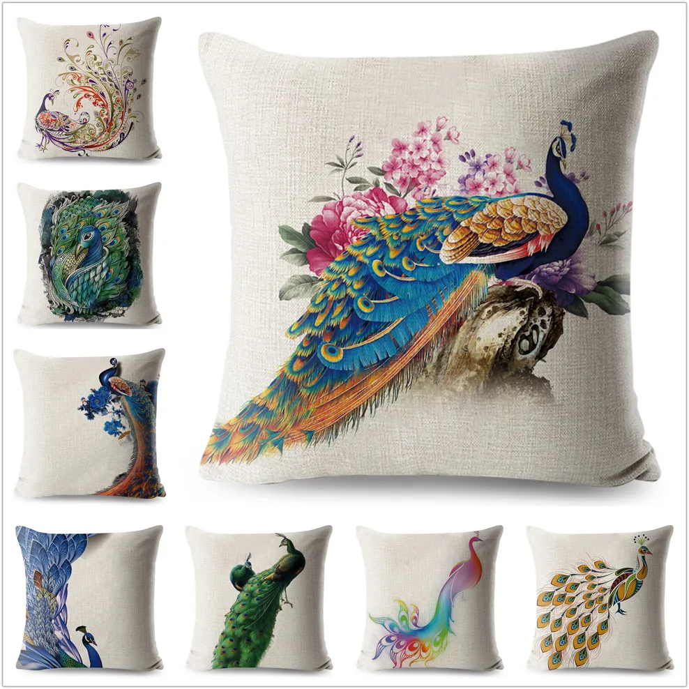 

Elegant Classical Peacock Linen Pillow Case 45x45cm Animal Printed Pillowcases