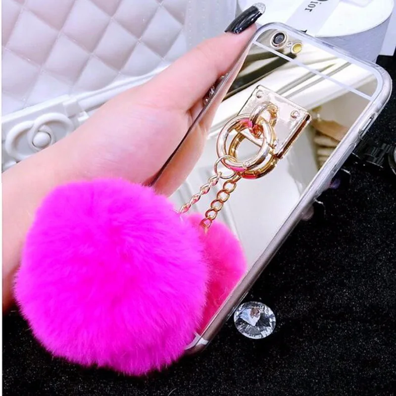 For Iphone 11 Pro Max XR XS MAX Metal Rope Rabbit Fur Ball Mirror Case iPhone X 8 7 6 6S Plus 5 SE 5S Back Cover Coque |