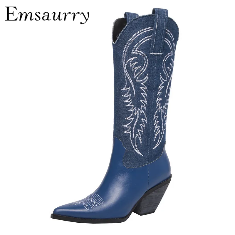 Boots Women 2018 Autumn Winter High Boots Embroidery Denim Blue Chunky Heel Knight Boots British Style Botas Mujer