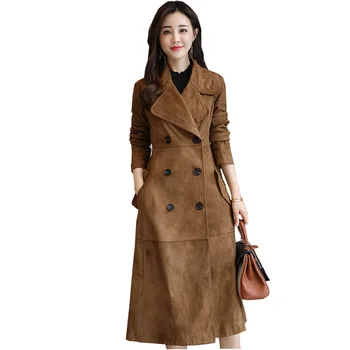 

2018 Spring Autumn Female Long Trench Deerskin Velvet Slim Women Double Breasted Trench Elegant Outwear Coat RE0168