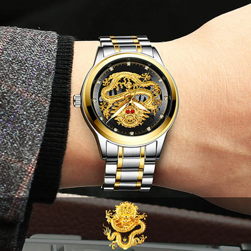 

Luxury Business Man Watch Steel Waterproof Quartz Wrist Watch Male Clock Fashion Embossed Gold Diamond Ruby Dragon Face Watches
