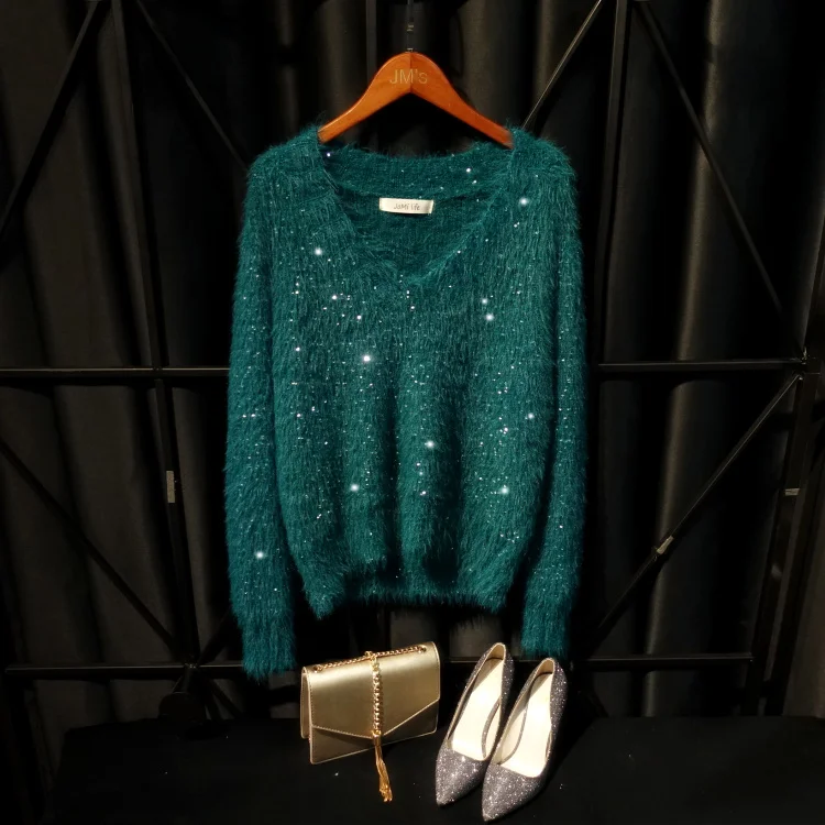 Cakucool, женские осенние свитера с блестками, теплый джемпер с длинным рукавом и v-образным вырезом, блестящий элегантный вязаный пуловер, меховые свитера для женщин