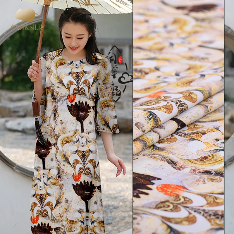 

35mm heavy silk linen fabric digital printing retro silk fabric natural linen fabric wholesale linen cloth 125cm