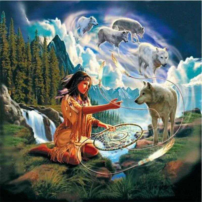 

DIY diamond painting cross stitch square set full diamond embroidery dream catcher wolf female