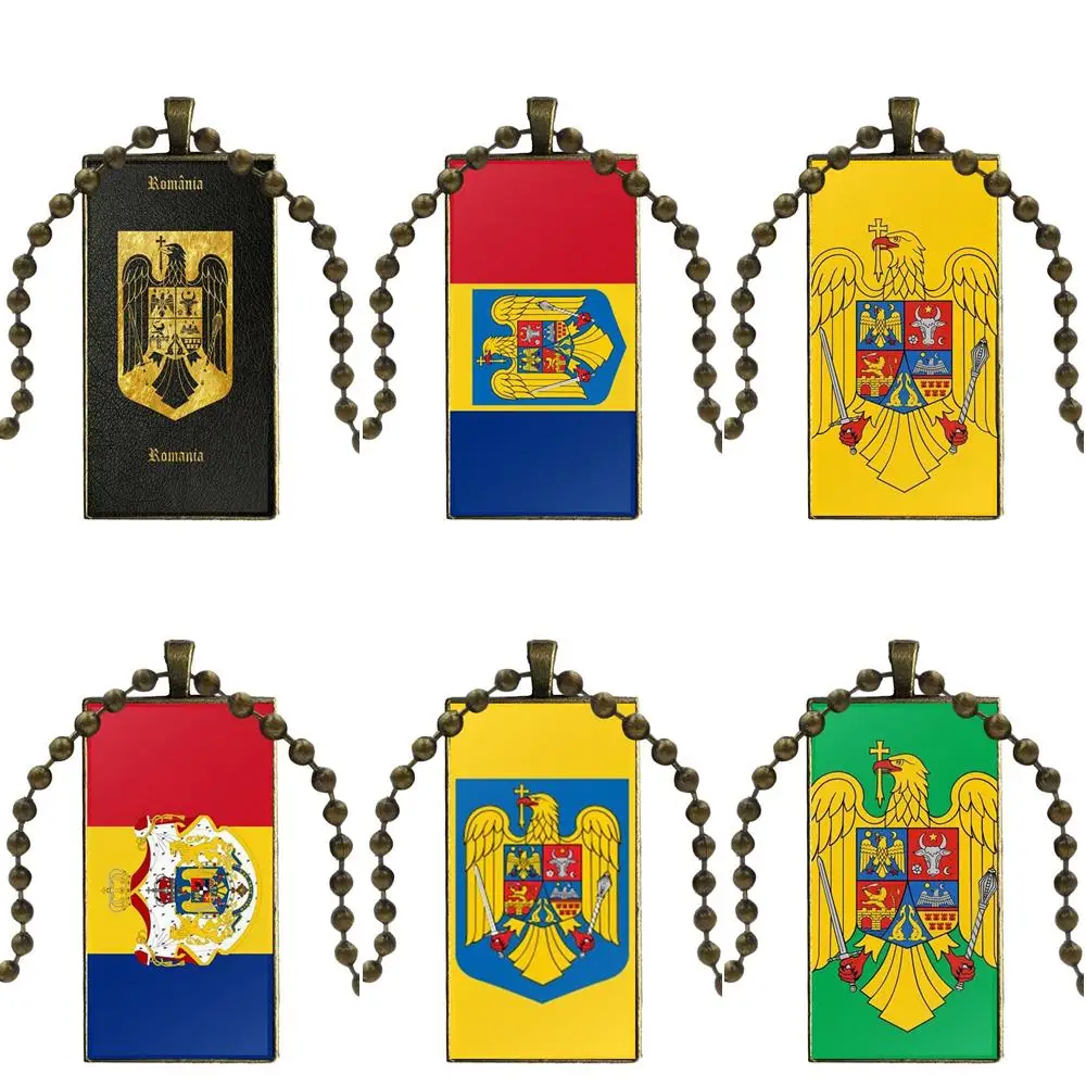 

For Girls Necklace With Bronze Plated Glass Cabochon Choker Long Pendant Rectangle Necklace Romania National Flag Emblem