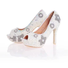 Ivory Pearl Weding Shoes Peep Toe 2017 New Design Handmade Bridal Shoes Formal Dress Shoes Star Rhinestone Party Prom Pumps