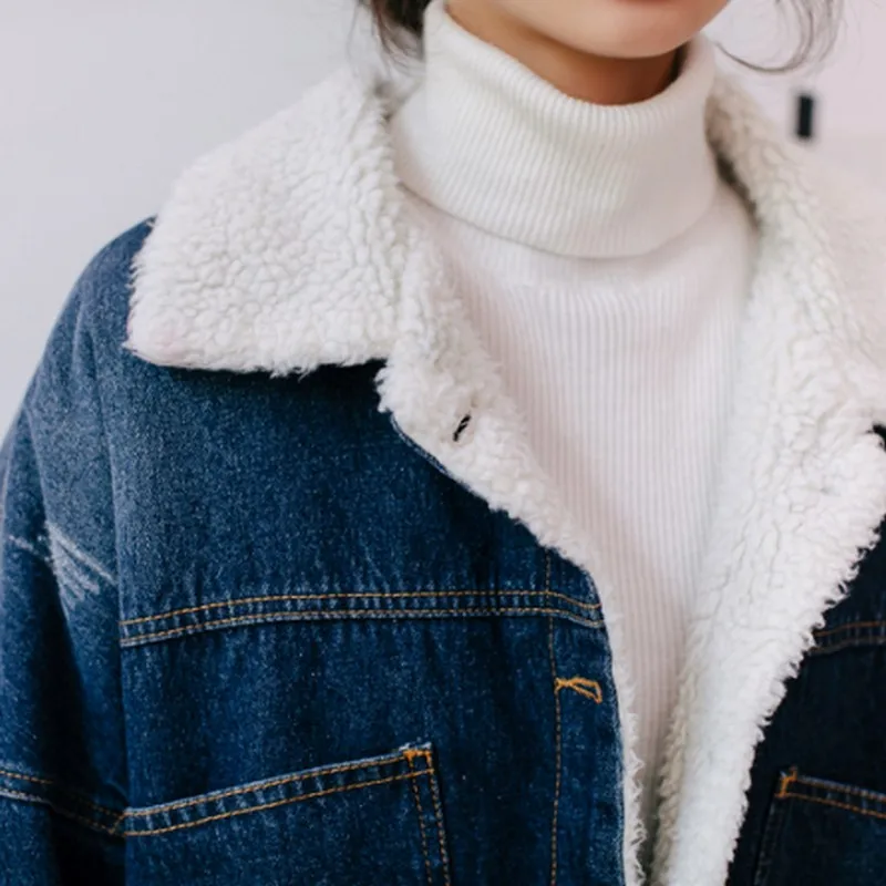 Casual Fashion New Lambswool Jean Jacket Women Embroidery Denim Coat Women Vintage Plus Velvet Denim Jacket Woman Winter 2019