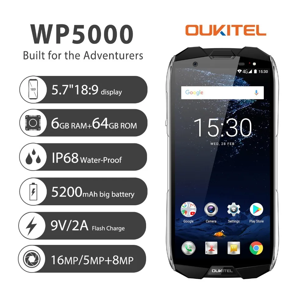 

Oukitel WP5000 Smartphone Helio P25 64Bit Octa Core 6GB RAM 64GB ROM Fingerprint 5.7 Inch Display 18:9 Waterproof IP68 CellPhone
