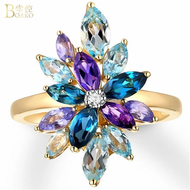 

BOAKO Colorful Zircon Crystal Ring Unique Design Gold Ring for Women Horse Eye Stone Cubic Zirconia Ring Wedding Band Anillos