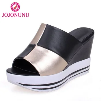

FITWEE Women Genuine Leather Sandals Platform Sandals Wedges Slippers Mixed Color Summer Beach Shoes Women Plus Size 34-44