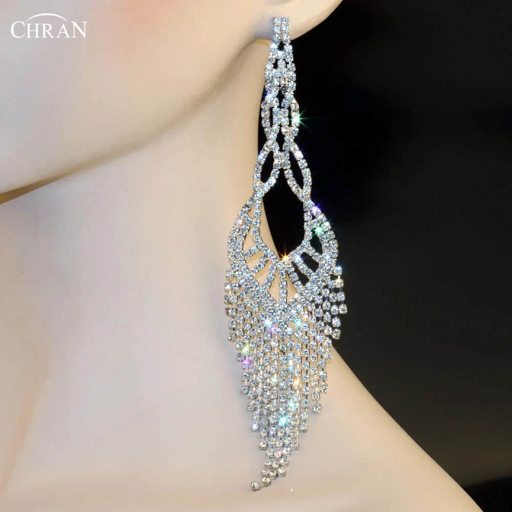 

Chran New Bridal Gold Color Clear Rhinestone Crystal Earings Wedding Party Dangle 6.5" Chandelier Drop Earrings Jewelry LE814