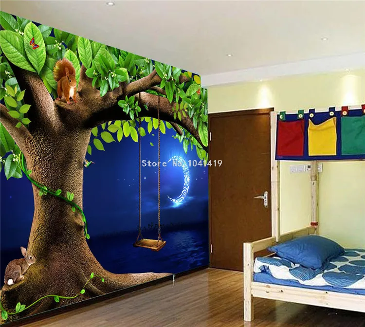 Пользовательские 3D стерео мультяшный плакат обои зеленое дерево Луна Пейзаж Фреска детская спальня экологически чистые нетканые обои для 3 D