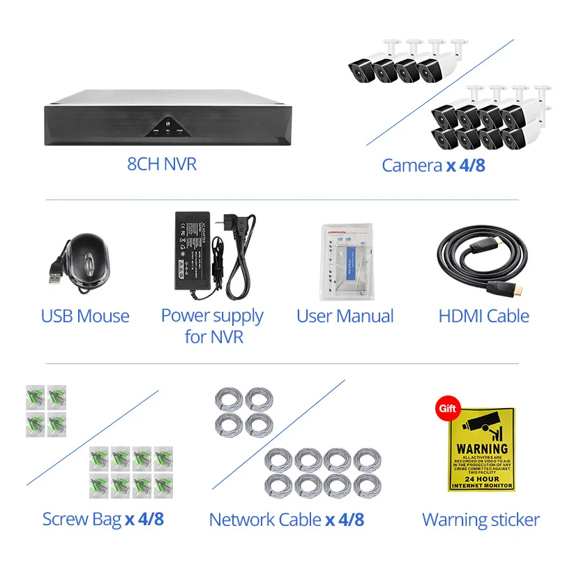 Wheezan CCTV камера комплект системы безопасности 8CH POE 3MP аудио H.265 система
