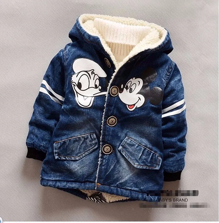 Зимнее пальто для маленьких девочек «Минни Маус» стеганая куртка с капюшоном для мальчиков джинсовая куртка(2-5T) детская плотная одежда для улицы