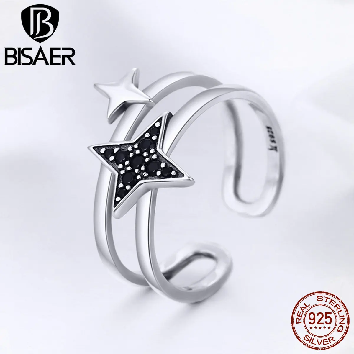 

BISAER 100% 925 Sterling Silver Double Layer Sparkling Geometric Black CZ Finger Female Ring for Women Anel Ring Jewelry ECR345