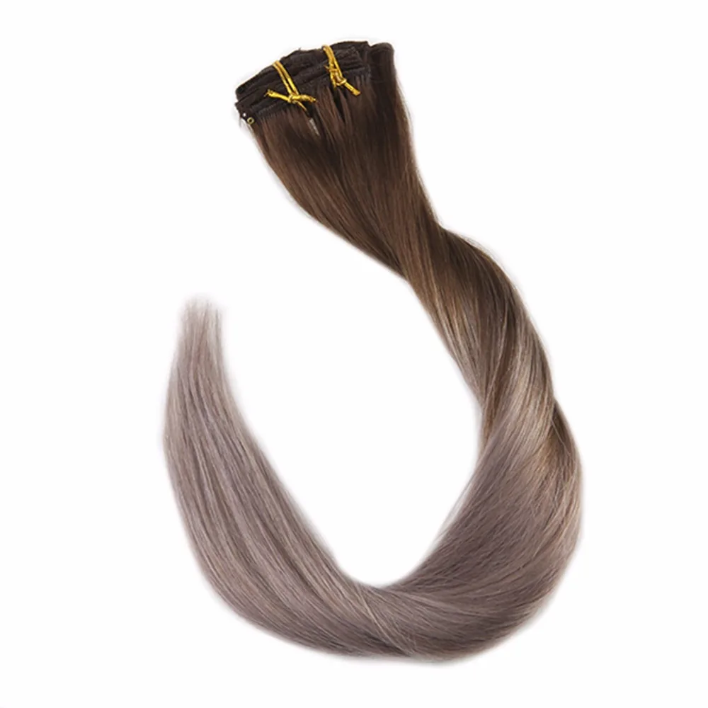 

Full Shine 100% Machine Made Remy Clip In Extensions Ombre Color#4 Dark Brown Fading To 18 Ash Blonde 7Pcs 50g Clip Extension
