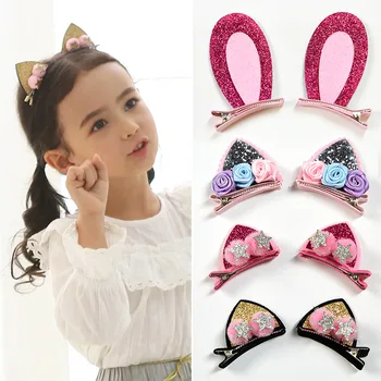 2pcs/Set Cute Hair Clips For Girls Glitter Rainbow Felt Fabric Flowers Hairpins Cat Ears Bunny Barrettes Kids Hair Accessories 1