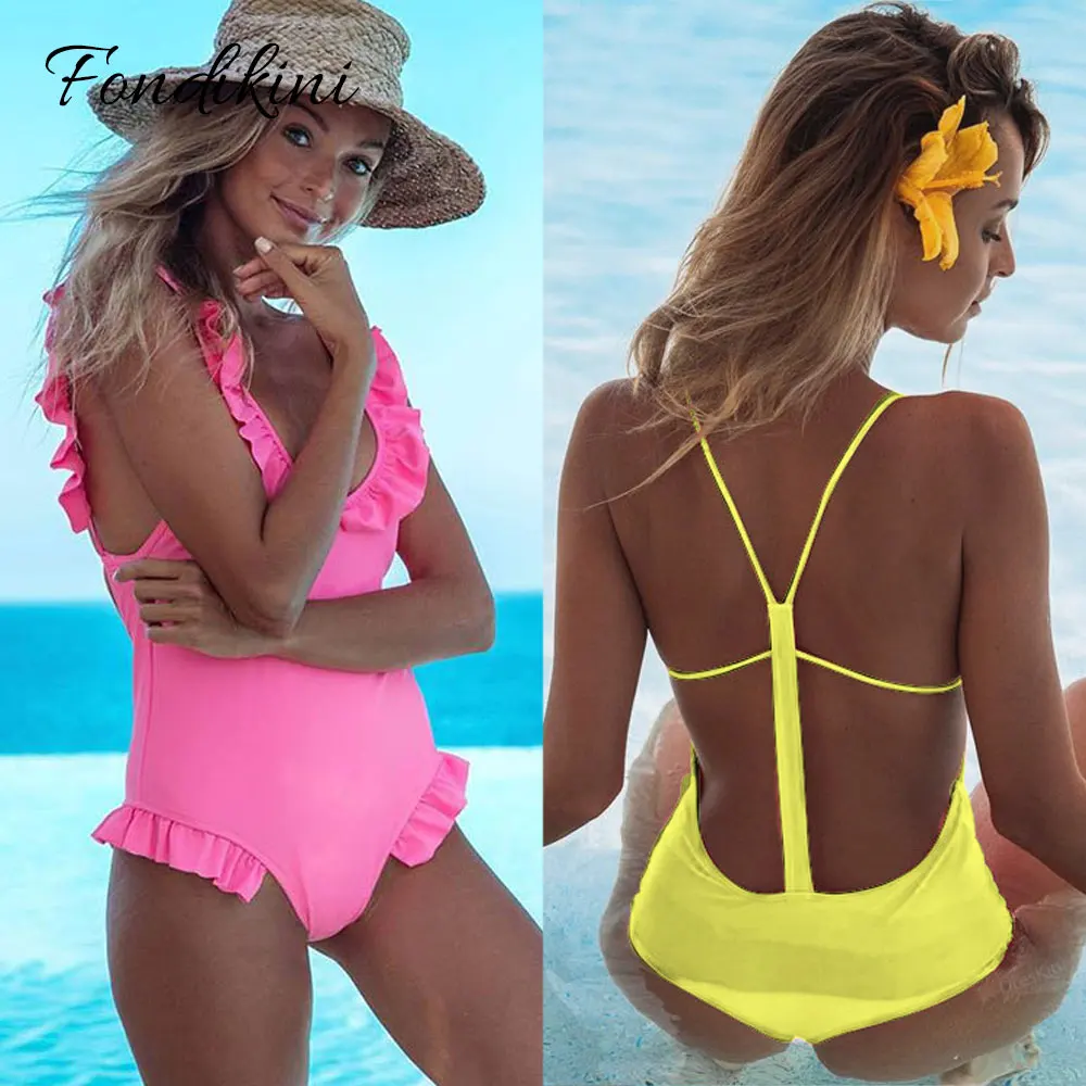 

2019 Sexy Shoulder Ruffle One Piece Swimsuit Women Swimwear Female Halter Bathing Suits Beach Wear Backless Monokini Swim Suits