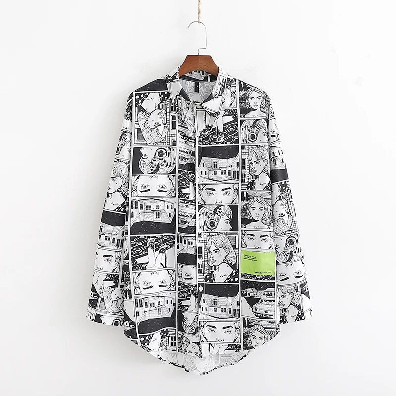 

Spring Autumn Comic Printed Blouse Women Streetwear Hip Hop Oversized Korean Graffiti Shirts Long Sleeve Women Large Size Shirts