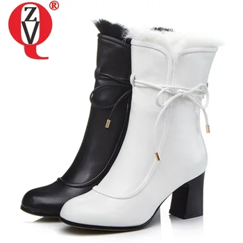 

ZVQ woman shoes winter new fashion round toe genuine leather mid calf boots outside plush warm super high heels ladies shoes