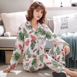 2019 летний пижамный комплект для женщин, пижама с цветочным принтом, комплект одежды для сна с длинными рукавами, свободные наряды, удобные