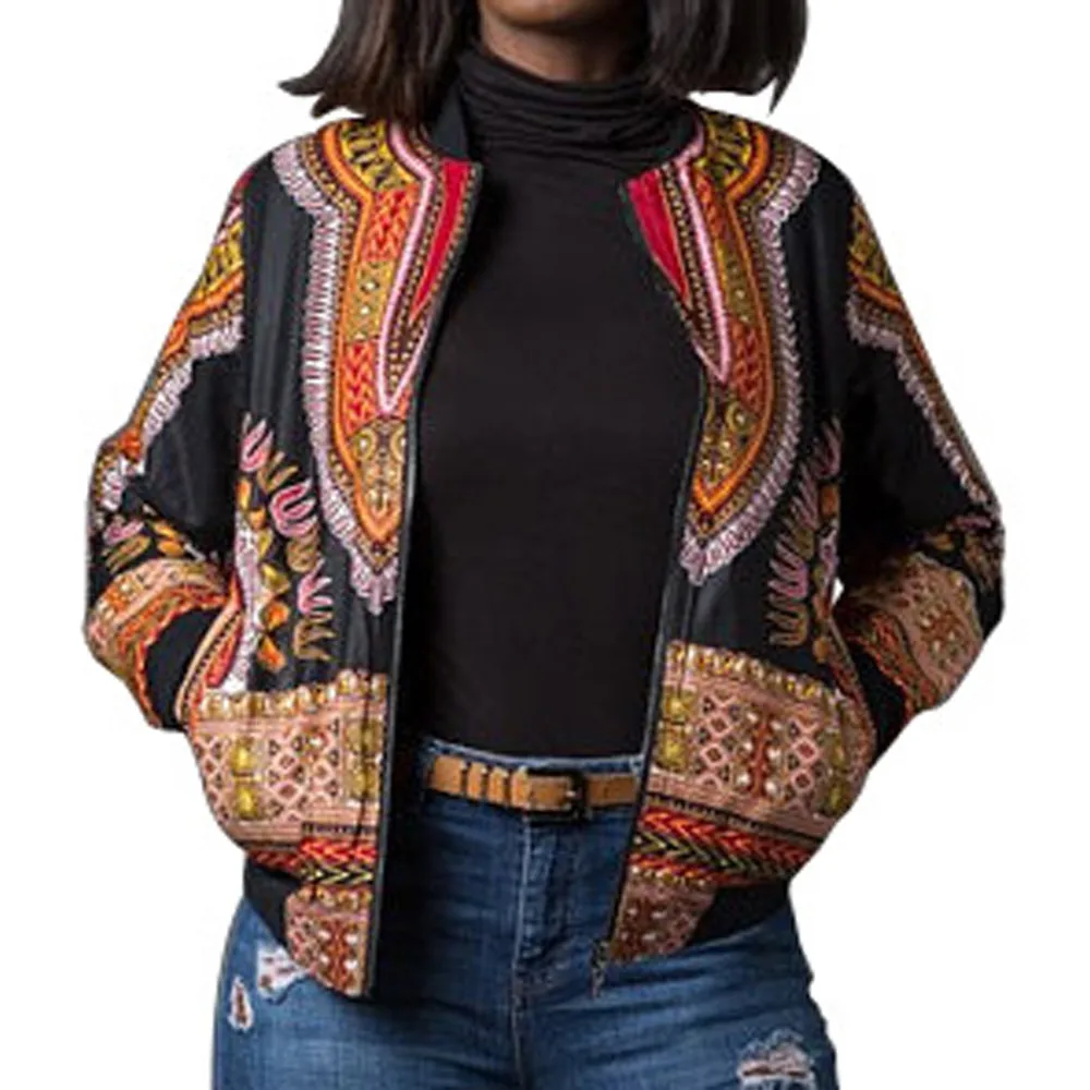 Женская короткая куртка бомбер Dashiki модная повседневная с длинными рукавами и