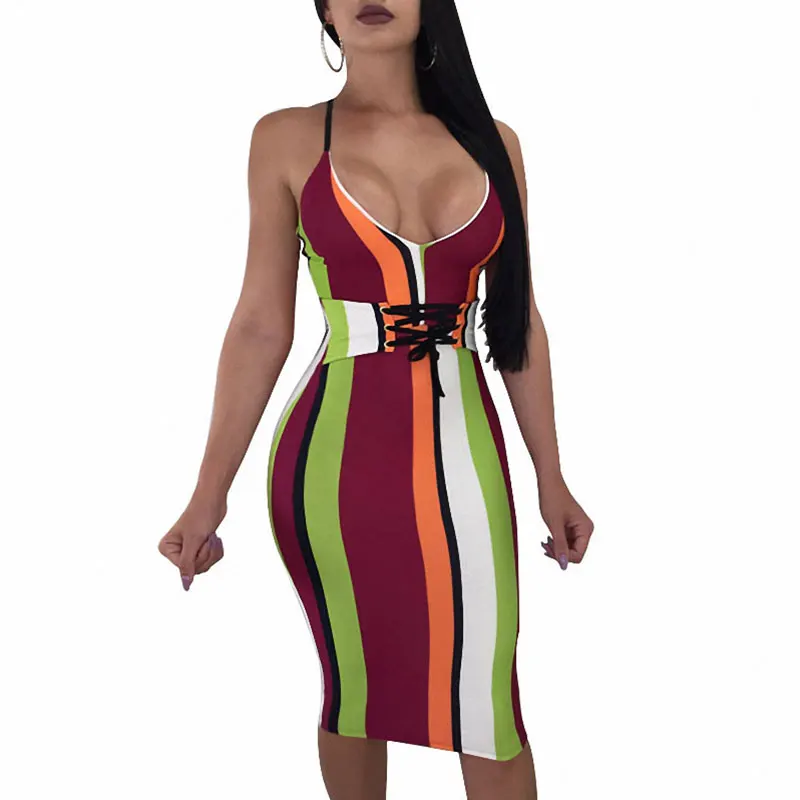 

Sexy Lace-up Striped Printed Sheath Knee Length Dress