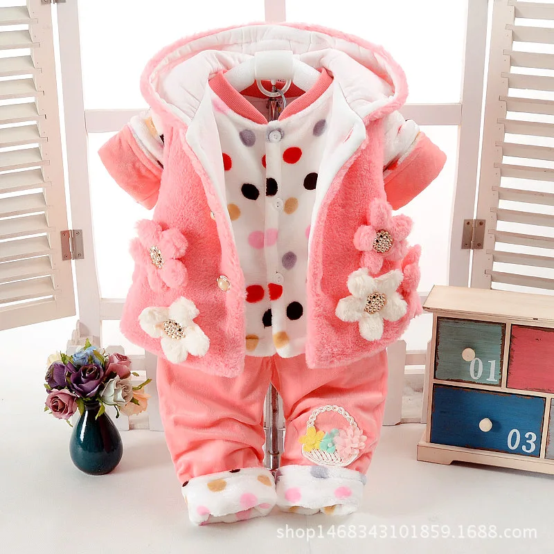 

New Autumn & Winter Cute Baby Girl Clothes Set Add Cotton-Padded Warm 0-1-2 Years Newborn Infant Baby 3Pcs/Set Walking Dress