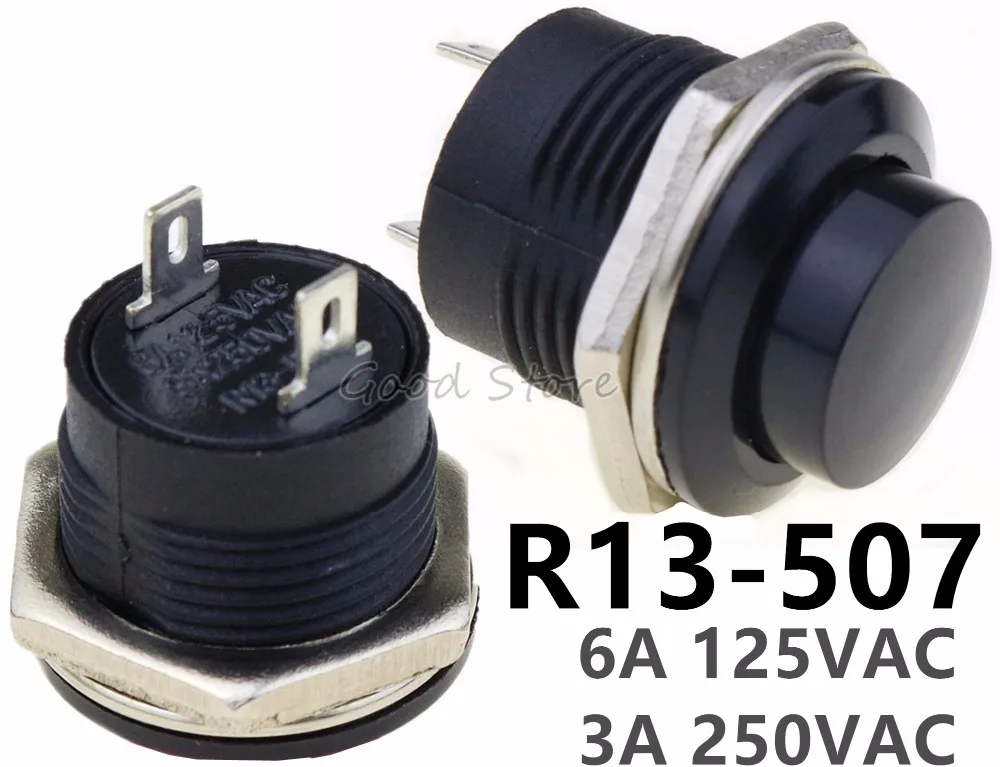 5 шт., R13-507, черный цвет, Мгновенный кнопочный переключатель выключения и сброса, 16 мм, 3 А, 250 В, переменный ток, не блокирующие переключатели, круглая кнопка