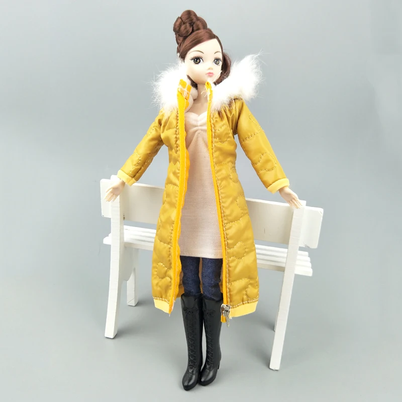 Yellow Winter Long Coat for Barbie Doll Dress Clothes Parka For