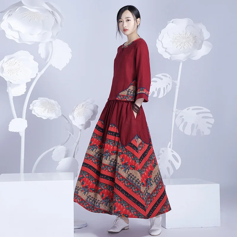 

Summer new original folk dress 7 minutes of sleeve into joining two-piece T-shirt elastic waist bust