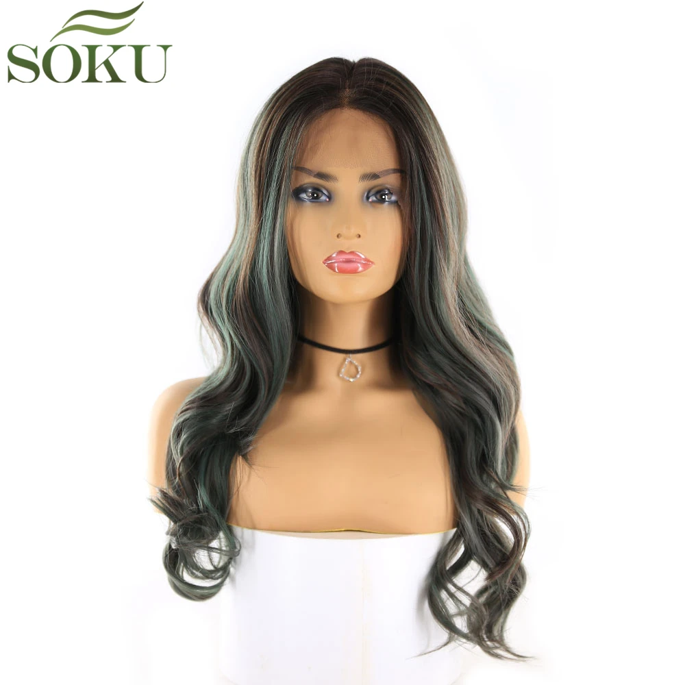 

SOKU Synthetic Lace Front Wig With Baby Hair 22 Inch Free Part Wavy Wigs Glueless Heat Resistant Fiber Wigs For Black Women