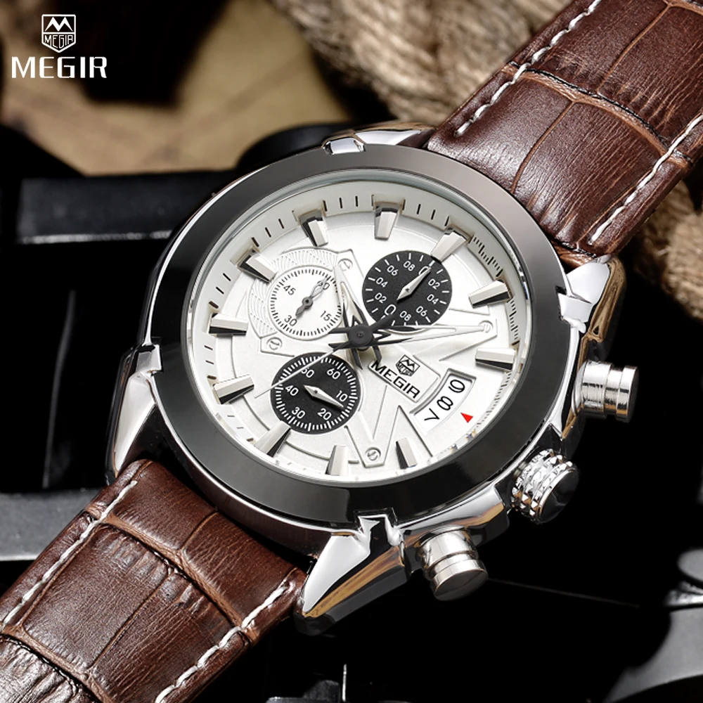 

MEGIR Luxury Brand Military Watches Men Quartz Chronograph 6 Hands Leather Clock Man Sports Army Wrist Watch Relogios Masculino