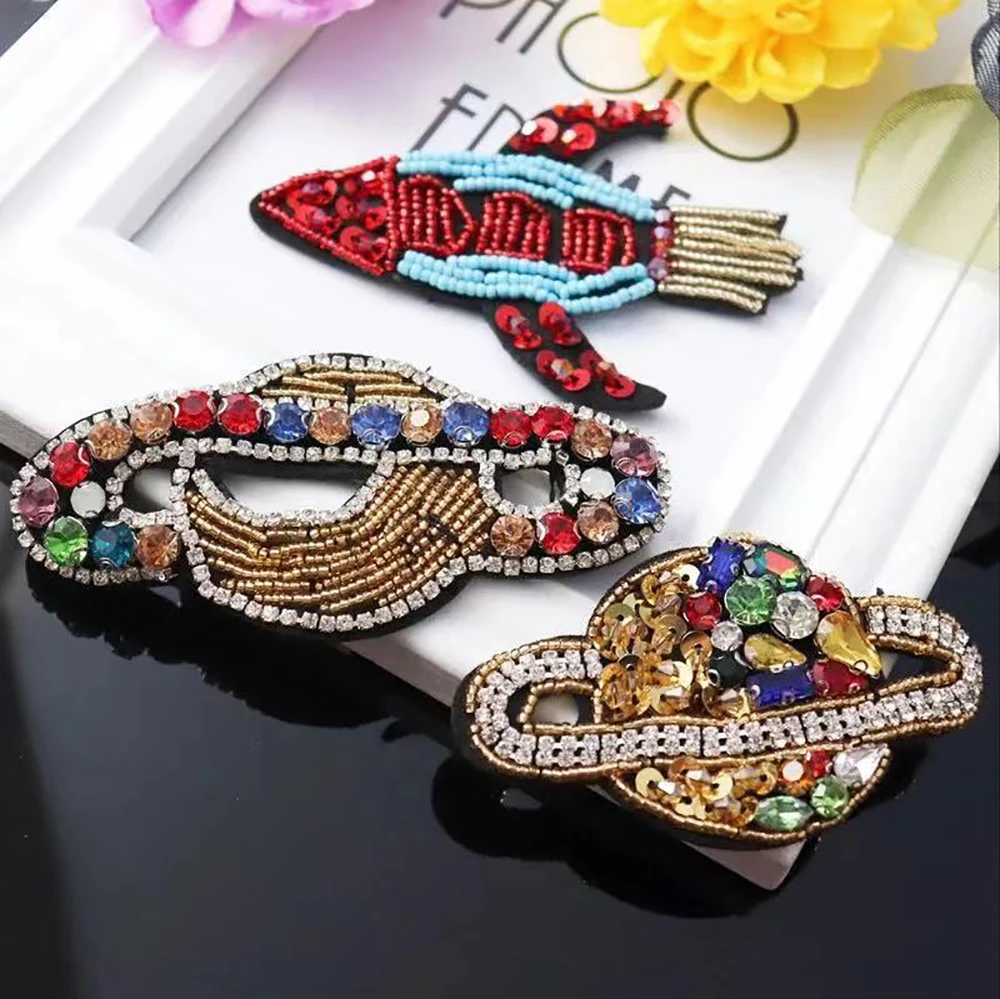 

3D Handmade Rhinestone beaded Patches Airplane earth Sew on sequin Crystal patch for clothing beading Applique B27