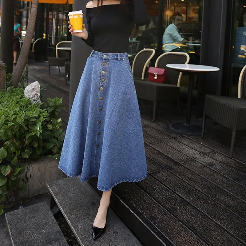 Джинсовые длинные юбки женские летние винтажные с высокой талией трапециевидные юбки женские однобортные Faldas уличная Макси джинсовые юбки Q1414 - Цвет: Light blue