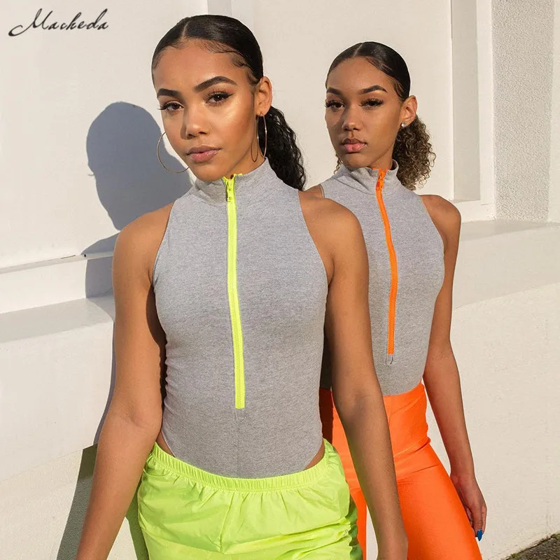 

Macheda Women Casual Turtleneck Zipper Sleeveless Slim Skinny Bodysuits Spring Summer Fashion Ladies Bodysuit 2019 New Arrival