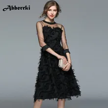Весна-осень женские элегантные черные миди платье вечерние платья модное Сетчатое лоскутное кисточкой три четверти рукав платье