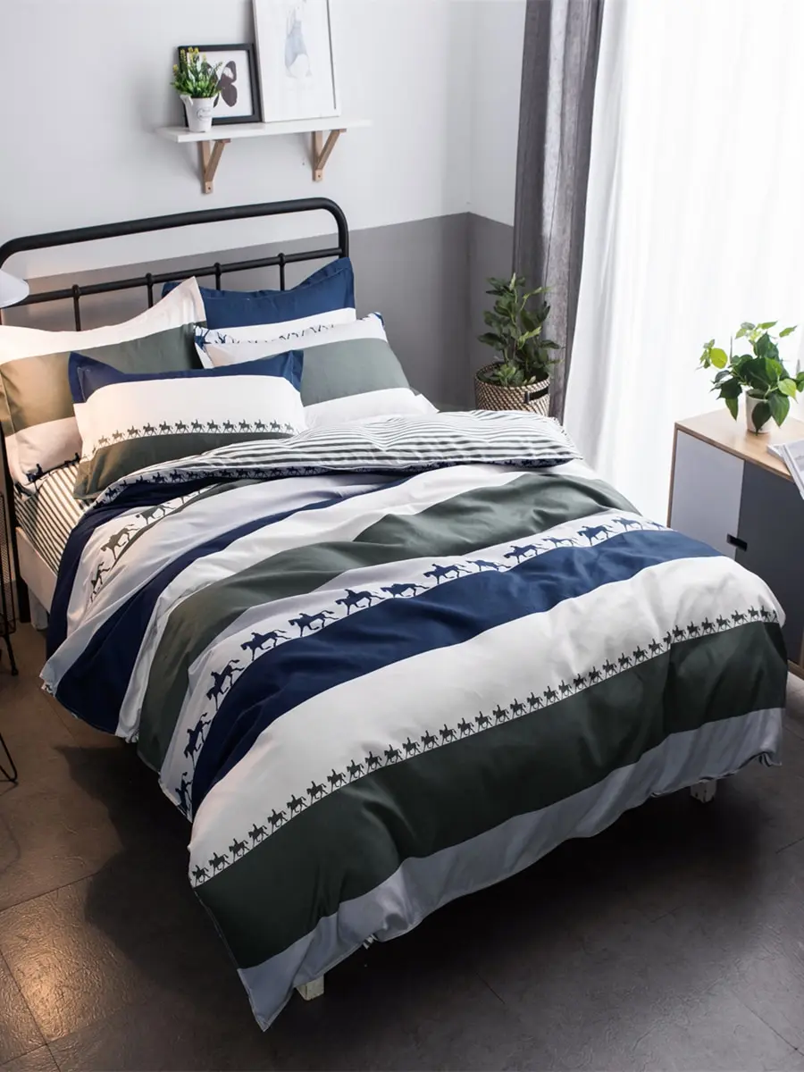 

4 Pcs Duvet Cover Set Modern Striped Colorblock Pattern Soft Bed sheet Set