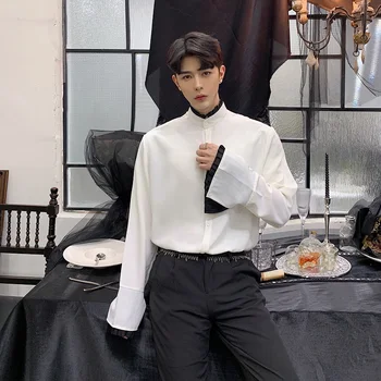 

Male Vintage Fashion Gothic Dress Shirts Men Ruffle Stand Collar Long Sleeve Casual Shirts Stage Costumes Couple Clothing