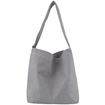 

New Reusable Women'S Houndstooth Canvas Shopping Shoulder Bag Collapsible Tote Bag Groceries Travel Casual Student Portable Ha